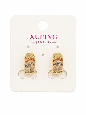 Xuping Rainbow CZ Huggie Hoop Earrings Gold Tone Multicolor New